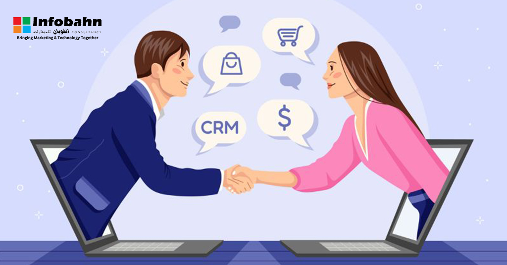 Illustration of two business professionals shaking hands through laptop screens, representing customer-focused digital solutions, CRM, e-commerce, and web development services by Infobahn Consultancy.